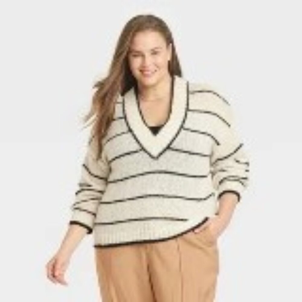 Women's V-Neck Pullover Sweater - A New Day Target Brand Cream Striped 2X